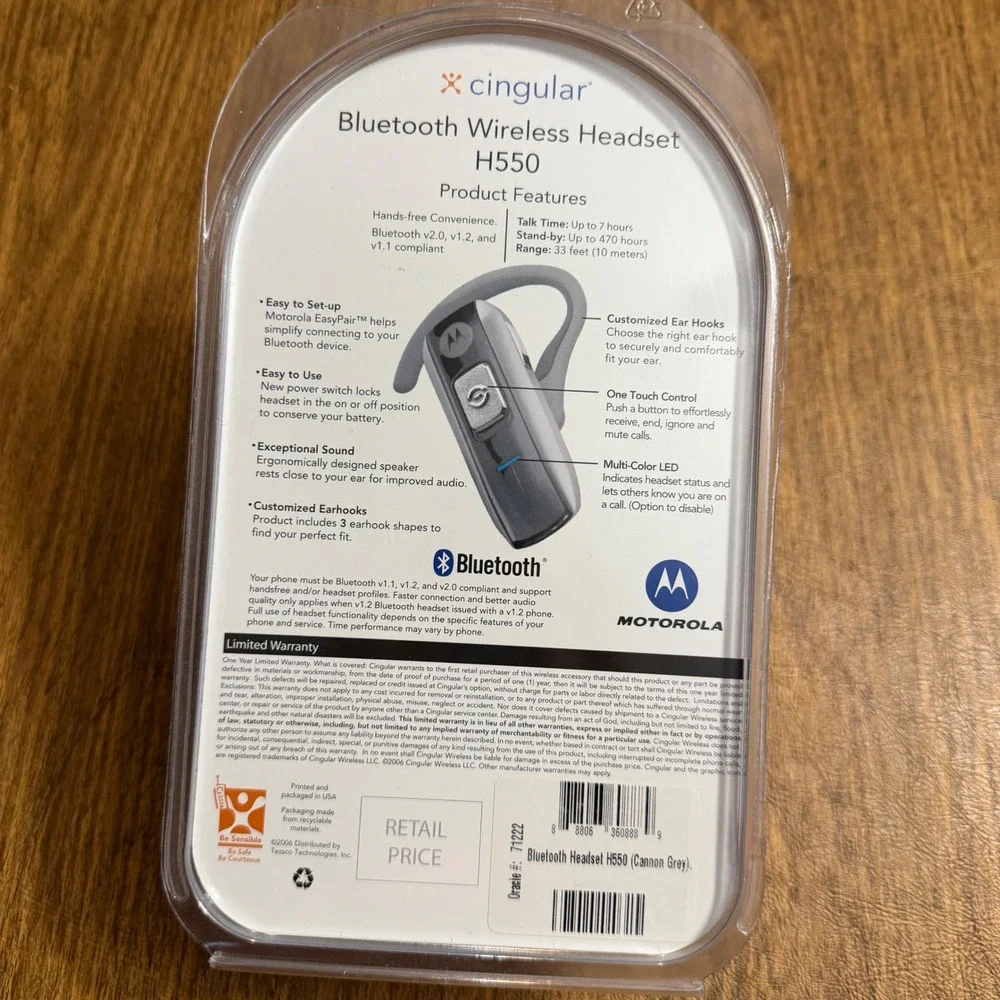 Motorola Wireless Headset Unisex OS Cannon Grey H550 Bluetooth Cingular NIB